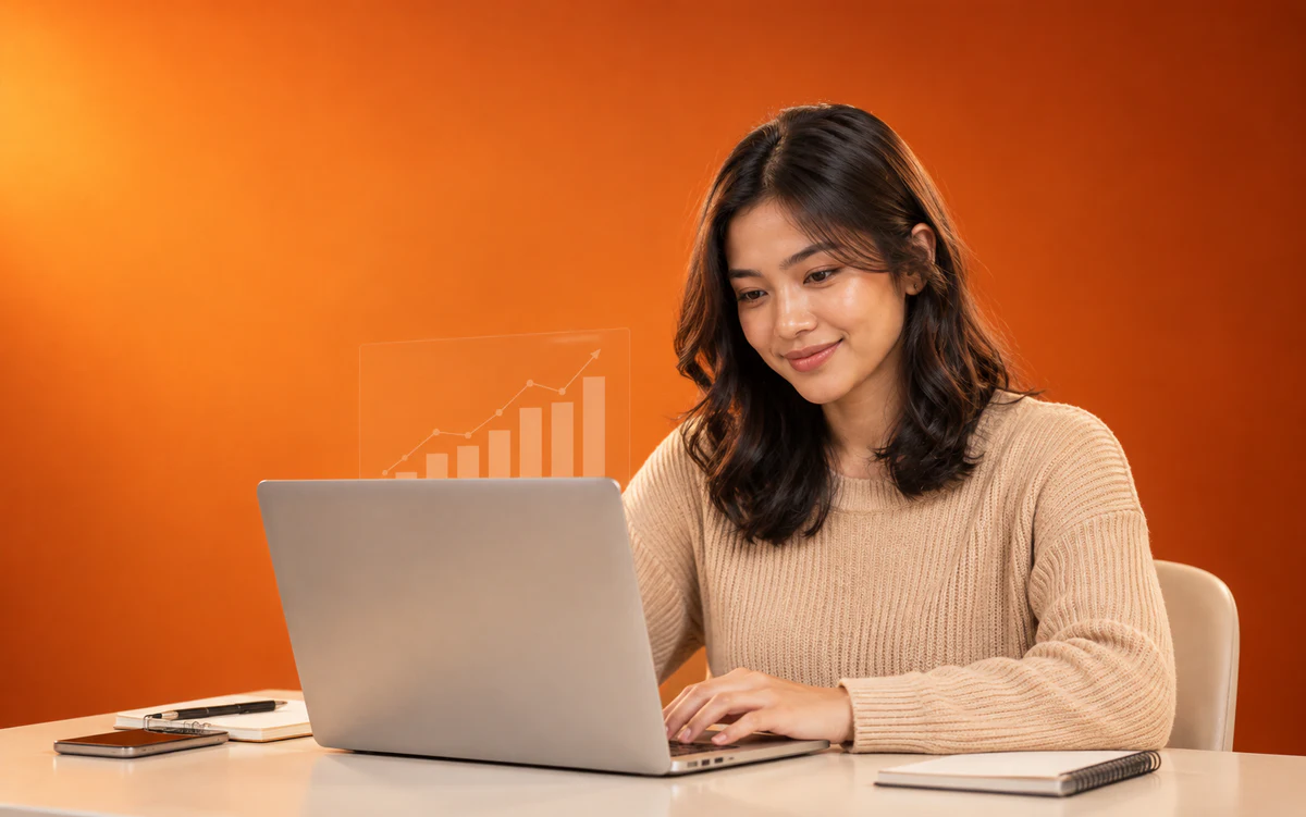 Profesional muda bekerja di laptop dengan grafik performa campaign