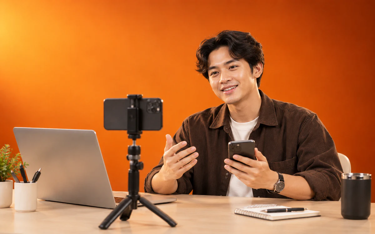 Profesional muda merekam konten dengan smartphone
